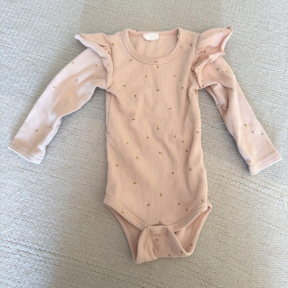 Jamie Kay Pink Daisy Print Ruffle Shoulder Ribbed Long Sleeve One Piece Bodysuit